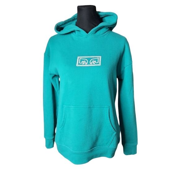 Obey Sweatshirt Womens Small Teal Blue Graphic Top Front Pocket - Picture 1 of 8